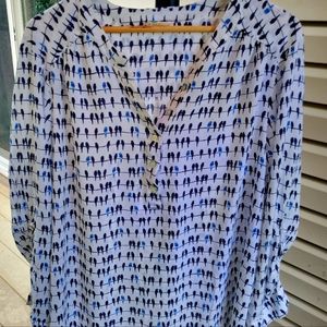 Super cute bird print tab sleeve blouse